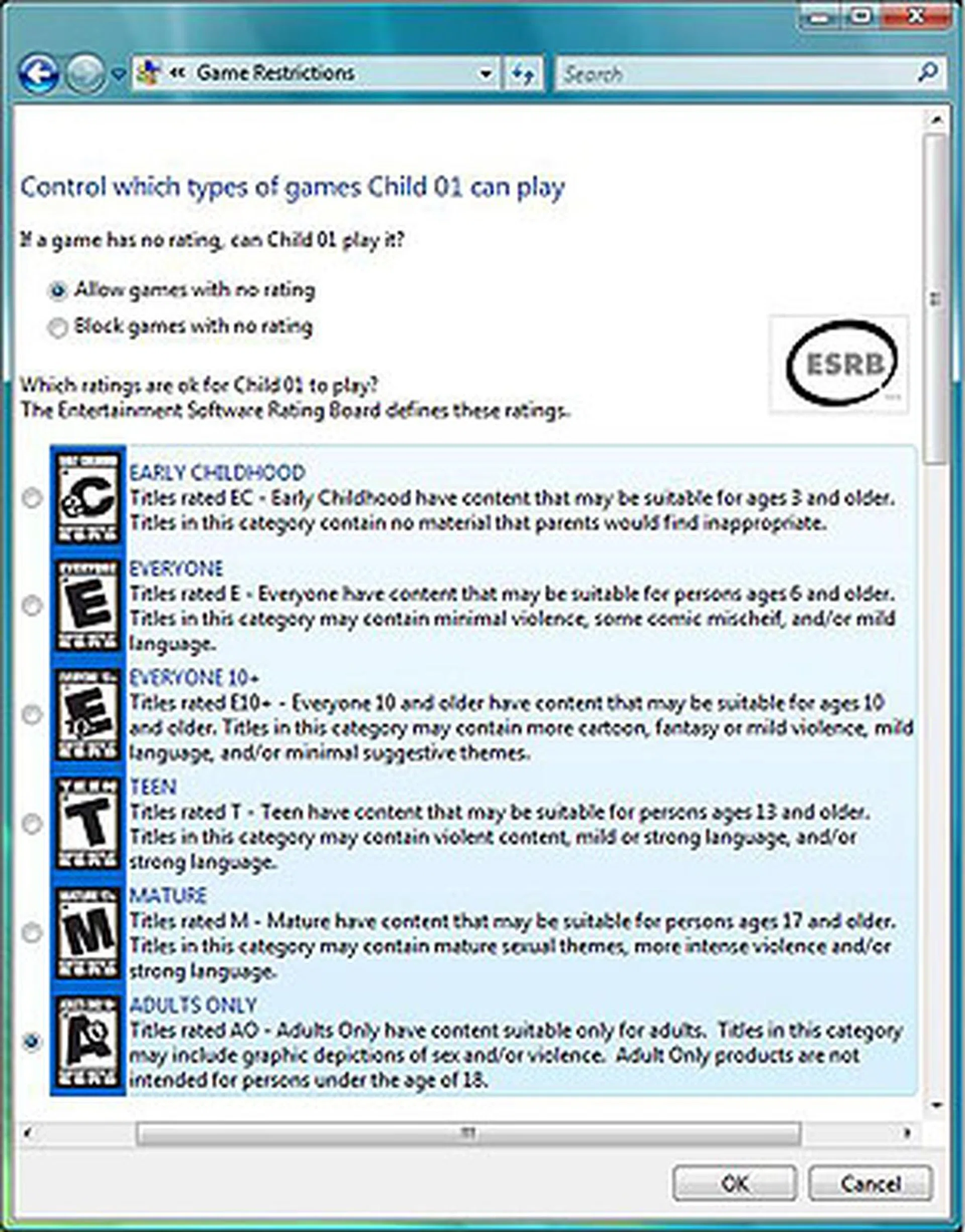 Using the ESRB game rating model, Windows Vista can lock out games that you feel isn't suitable for your child.