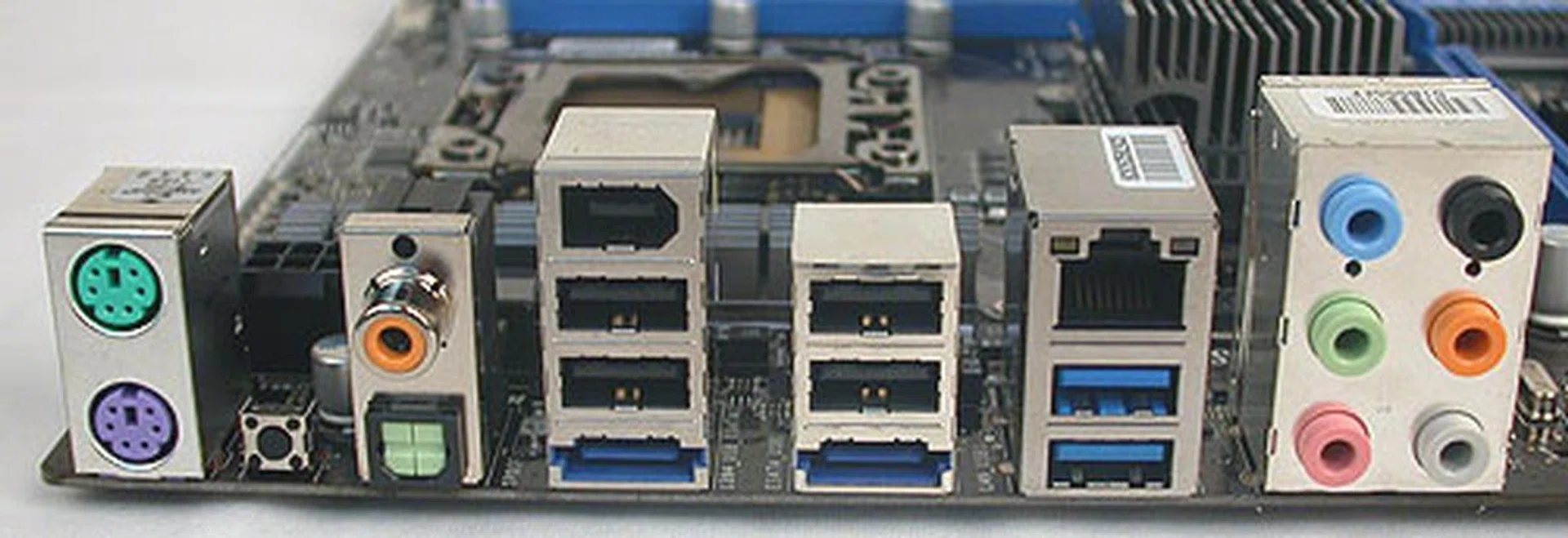 Again, the blue USB ports are USB 3.0 capable. There are also two eSATA ports in blue along with FireWire, and optical/coaxial S/PDIF outputs. A small Clear CMOS button is also found.