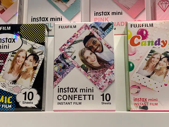 The LiPlay will work with any Instax Mini film. The latest addition is this Confetti film that adds a colorful metallic frame to the photo.