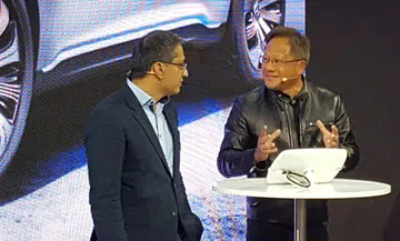Mercedes-Benz Vice President of Digital Vehicle and Mobility, Sajjad Khan (left) with Nvidia founder and CEO Jen-Hsun Huang (right) talking about their collaboration at CES 2017.