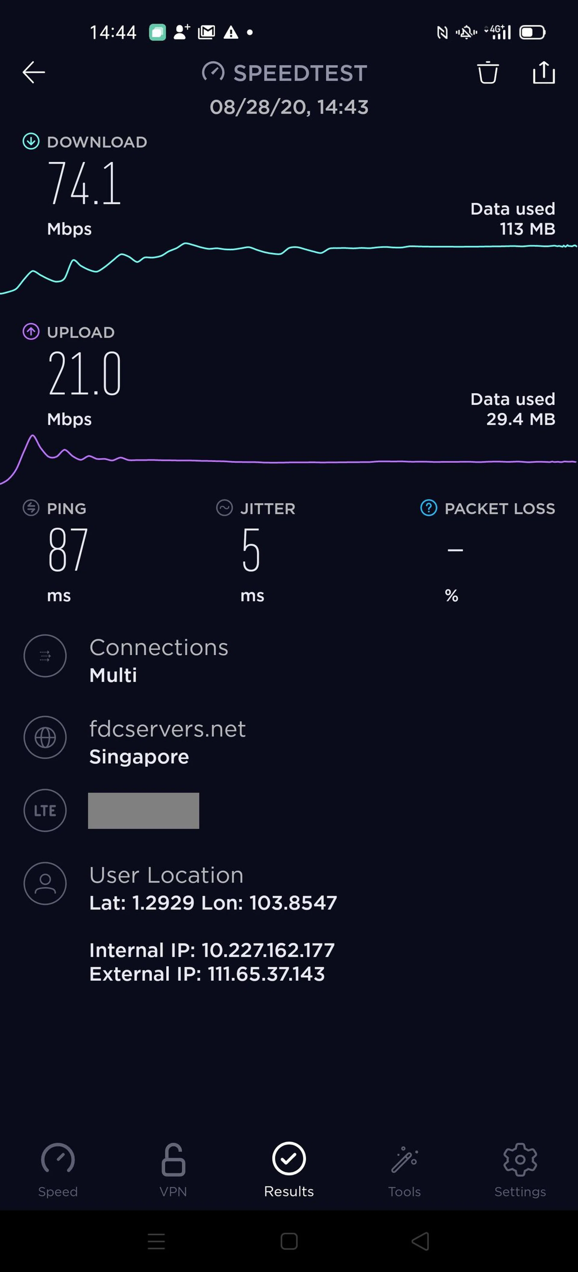 Competing 4G network, Test 1.