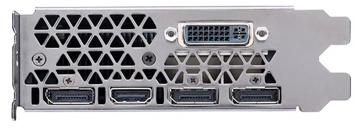 The back of the card features three DisplayPort outputs, one HDMI port and one dual-link DVI port. 