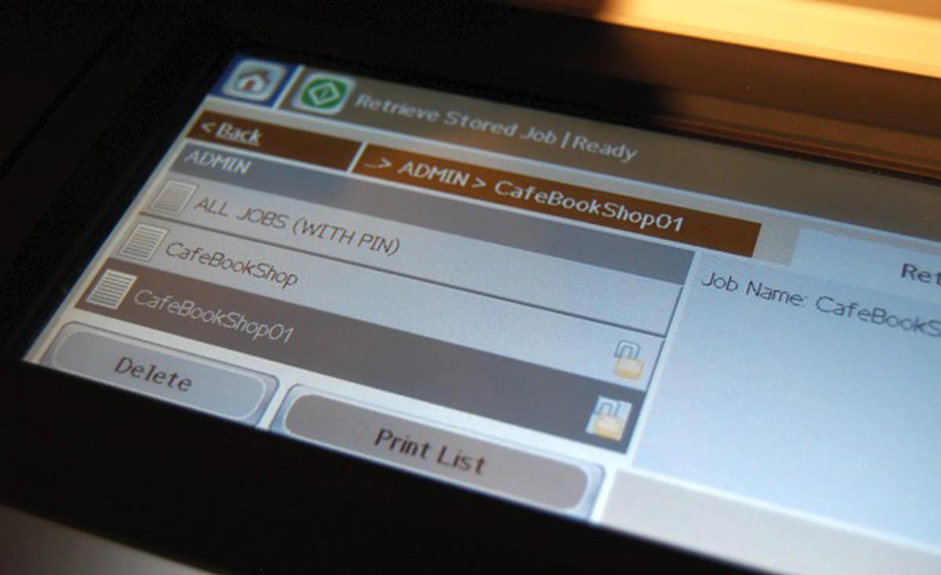 The control panel on the printer that allows you to unlock and execute stored print jobs.