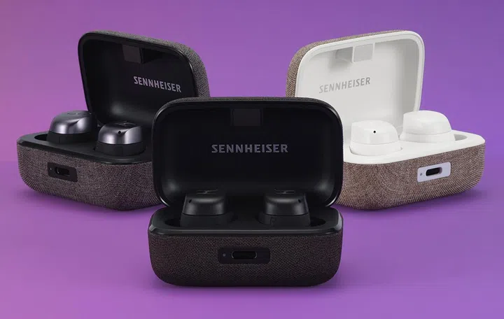 (L to R) Sennheiser Momentum True Wireless 3 in Graphite, Matte Black, and White.