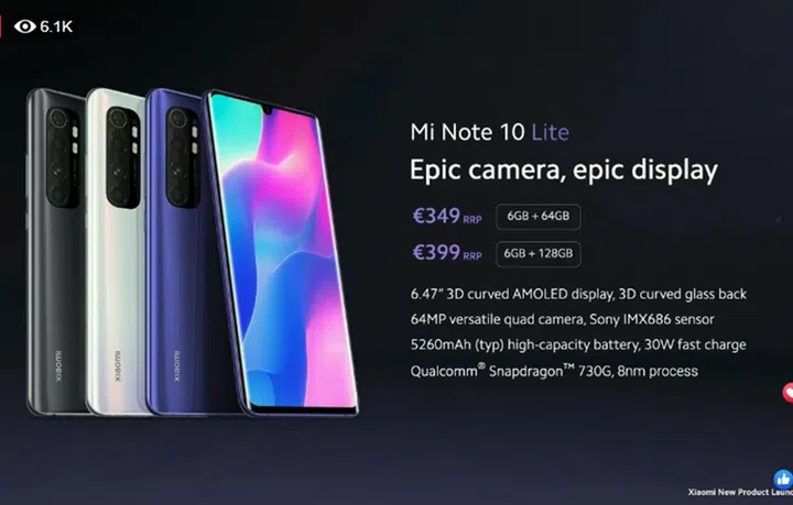 Xiaomi Mi Note 10 Lite.