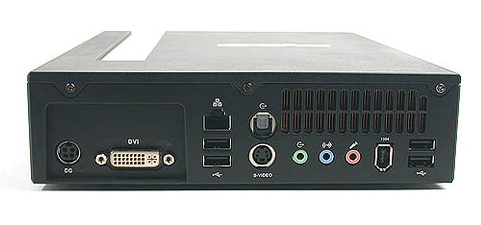 There are no legacy ports, so no PS/2 ports. Instead, you'll get 4 USB2.0 ports along with S/PDIF out, DVI and S-Video outputs, LAN and FireWire ports and the standard audio jacks.