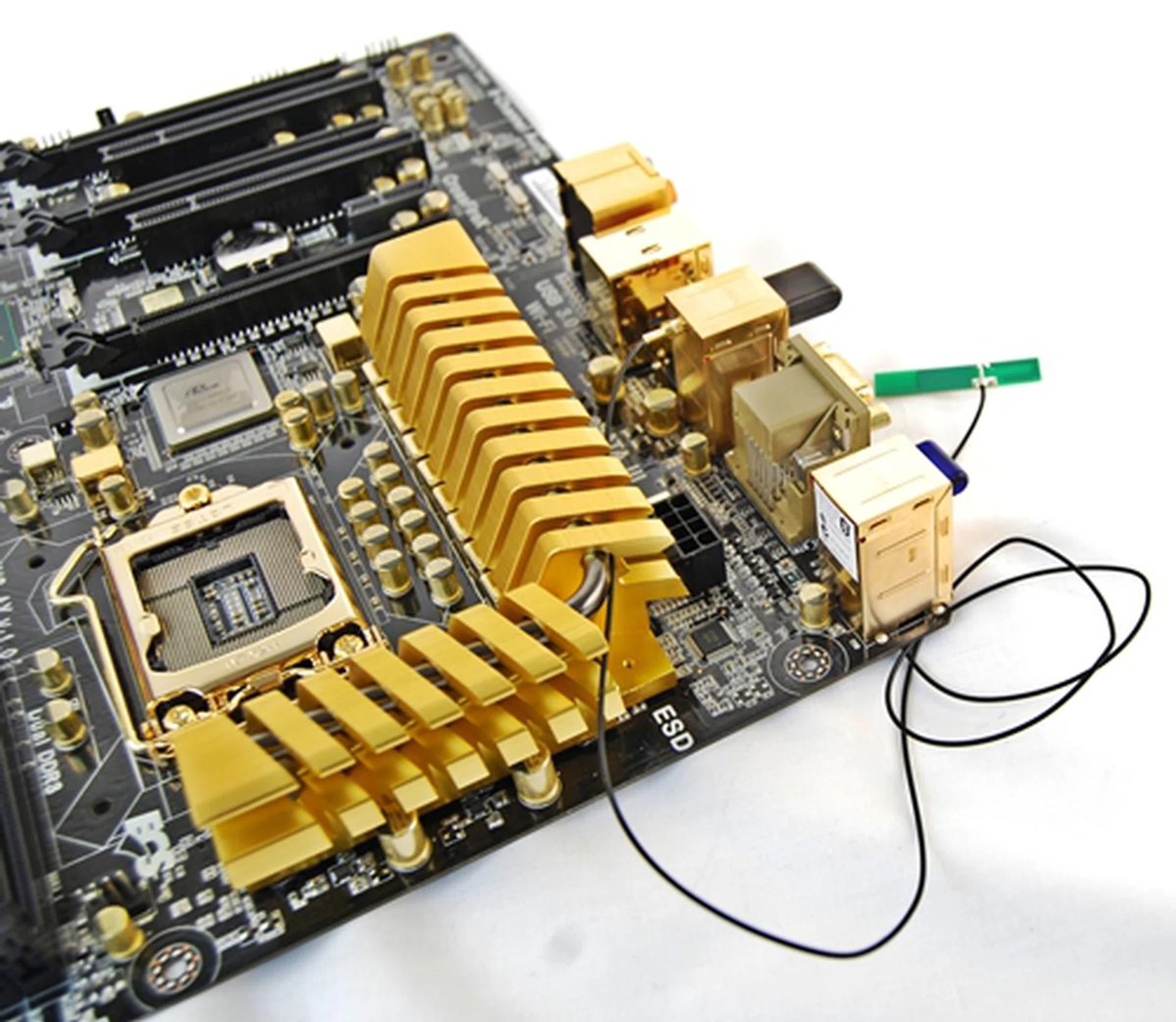 The antenna connects to the back of the back of the Wi-Fi dongle but it feels a bit of a patch-work job to provide just a dangling antenna in this day and age for a premium class board.