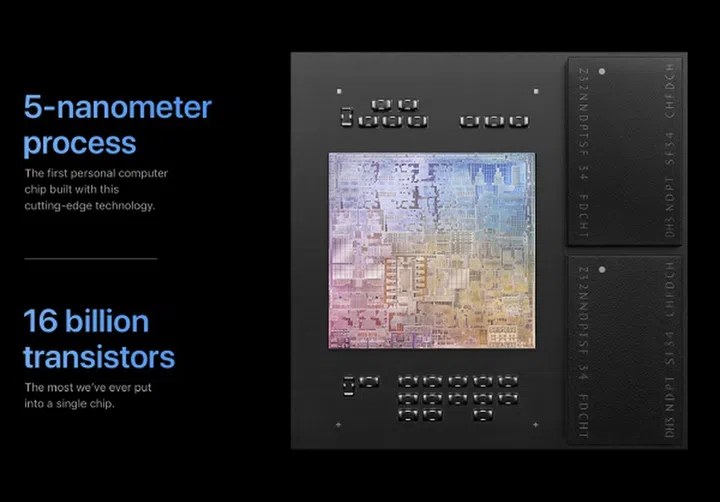 M1 is built on a 5nm process and consists of 16 billion transistors.