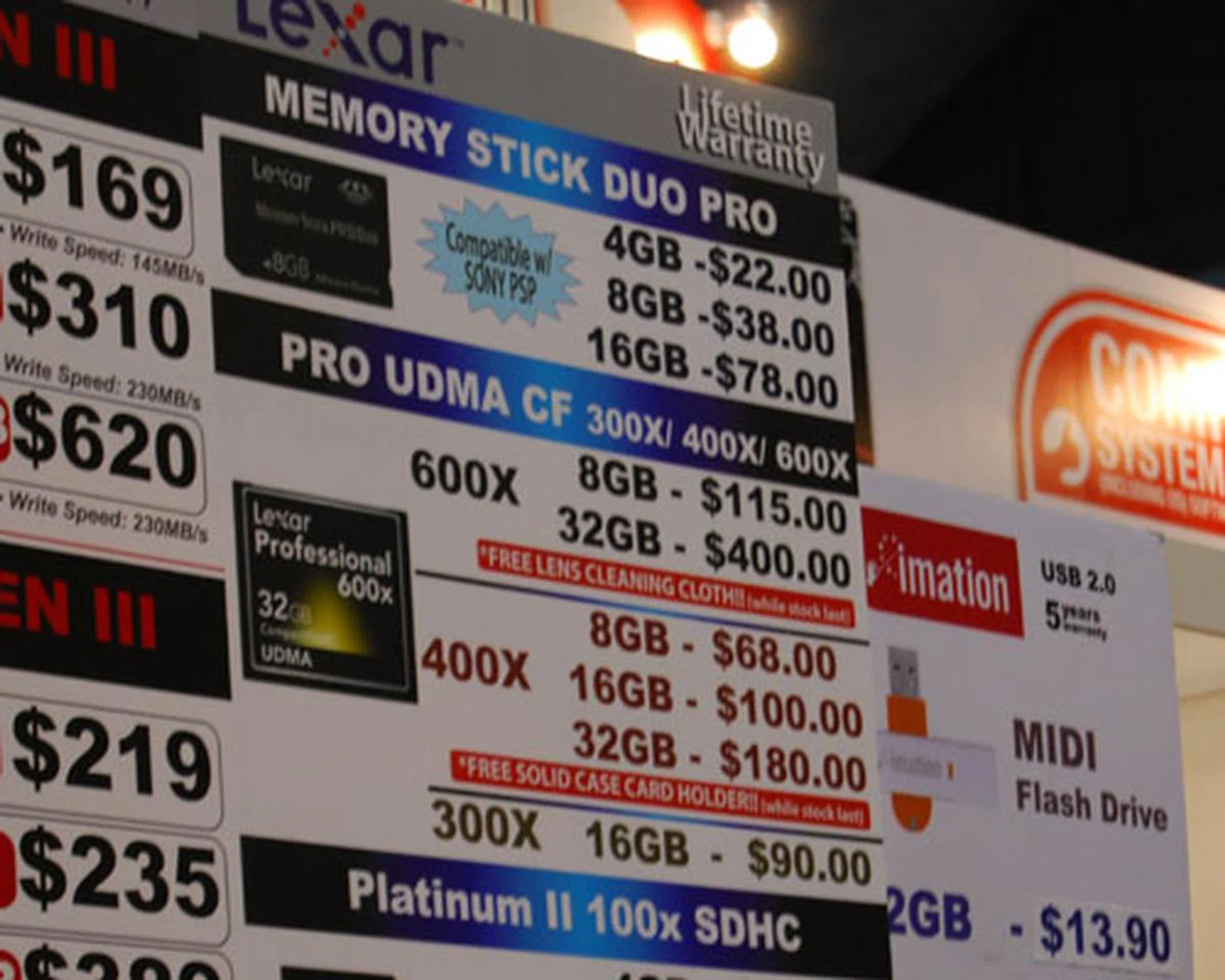 Photographers will find much to ponder when they check out the prices of the latest CF cards from Lexar, ranging from $90 for a 16GB 300X option, to a higher speed 600X 8GB card for $115. And for the rare few, you can also get Memory Stick Pro Duo cards here.