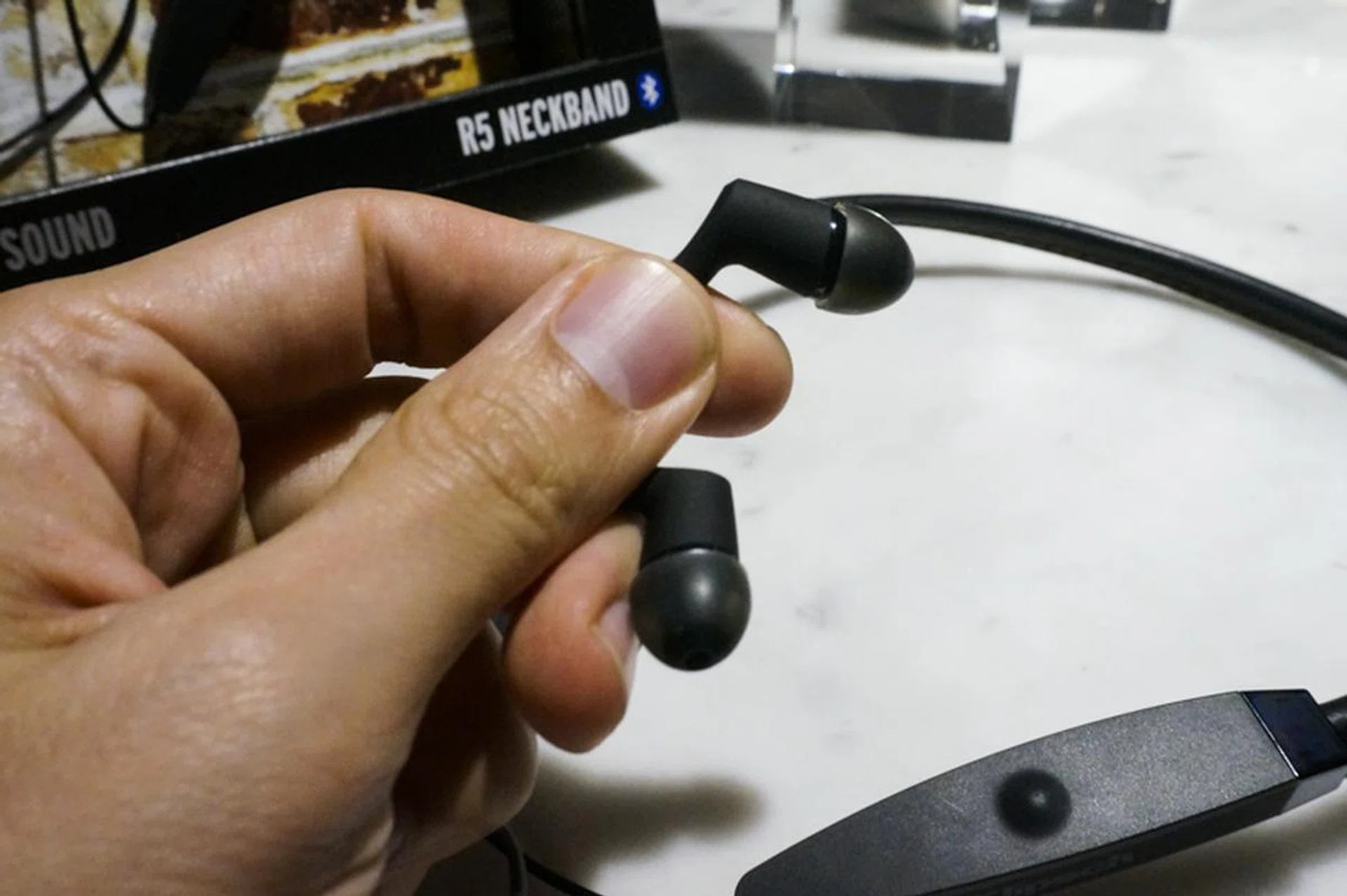The earbuds use Klipsch's patented design style.