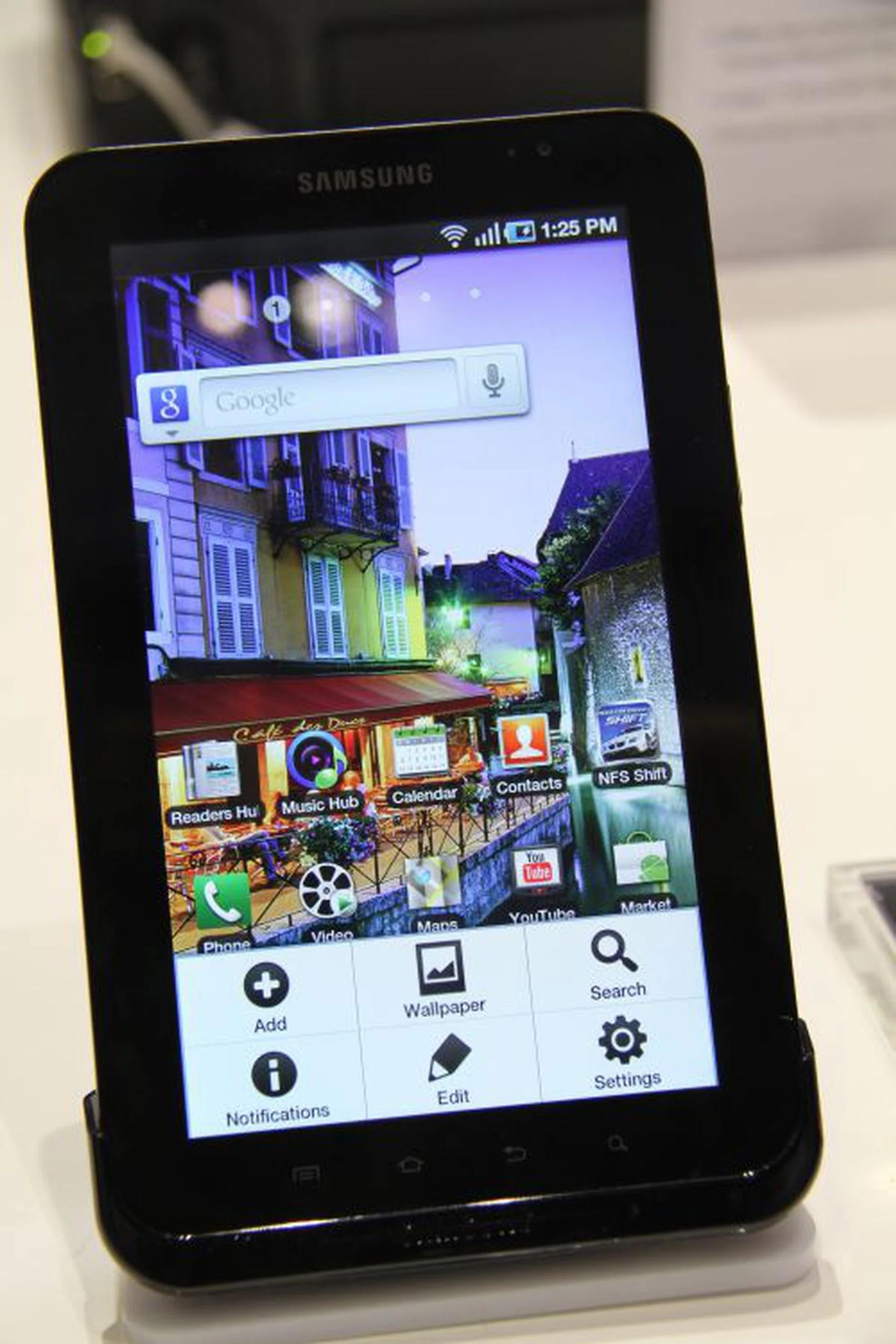 Samsung unveiled its 7" 'smart media device' called the Galaxy Tab. The Tab is 380g, has a 1024 x 600 WSVGA TFT screen, a 3-megapixel camera and a 2nd cam for video conferencing, comes with an 8-hour battery life and supports the Android operating system (currently Android 2.2/codenamed Froyo and later, will be updated to the next Android version codenamed Gingerbread). It runs on the Cortex A8 1GHz processor and comes in 16GB-32GB versions with microSD expansion up to 32GB. Oh it supports Flash 10.1 as well.