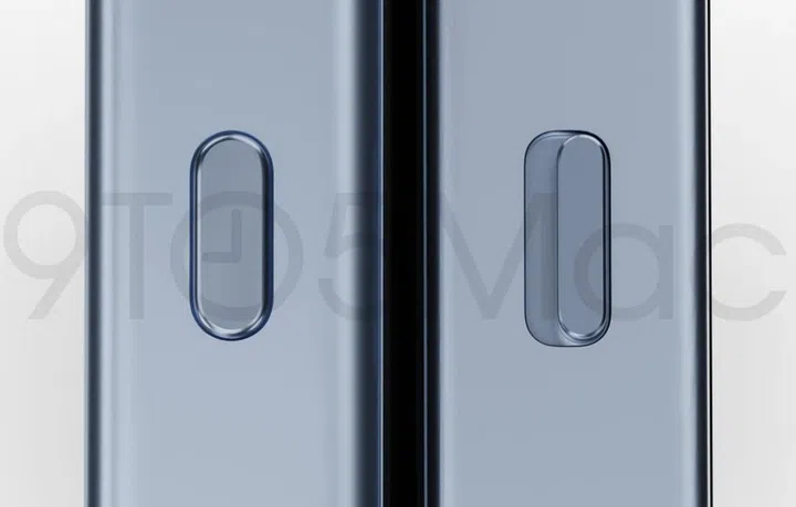 The new mute button or "Action Button" on the Apple iPhone 15 Pro (left) vs the mute button on the Apple iPhone 14 Pro (right). <br>Image source: 9to5Mac