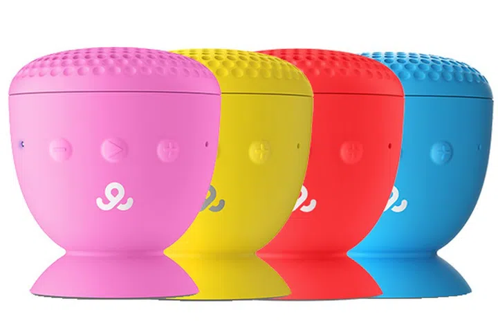 The GoGear speakers are waterproof and easily attached to typical bathroom tiles.