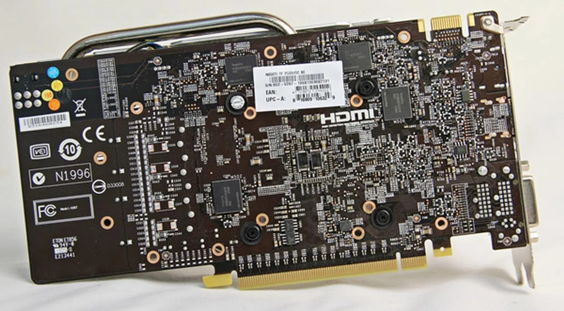 The rear of the MSI GTX 650 Ti Boost Twin Frozr III OC graphics card.