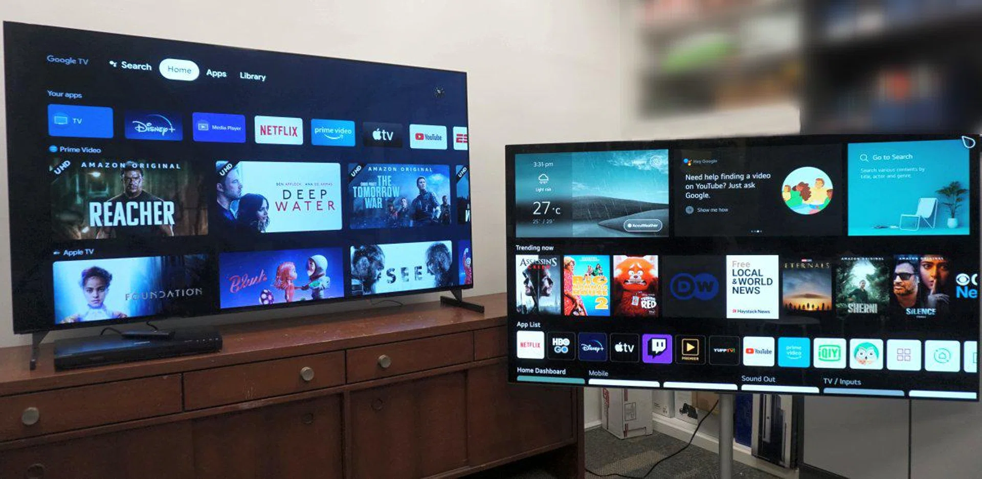 Sony's Google TV operating system (left) vs. LG's webOS 6 (right).