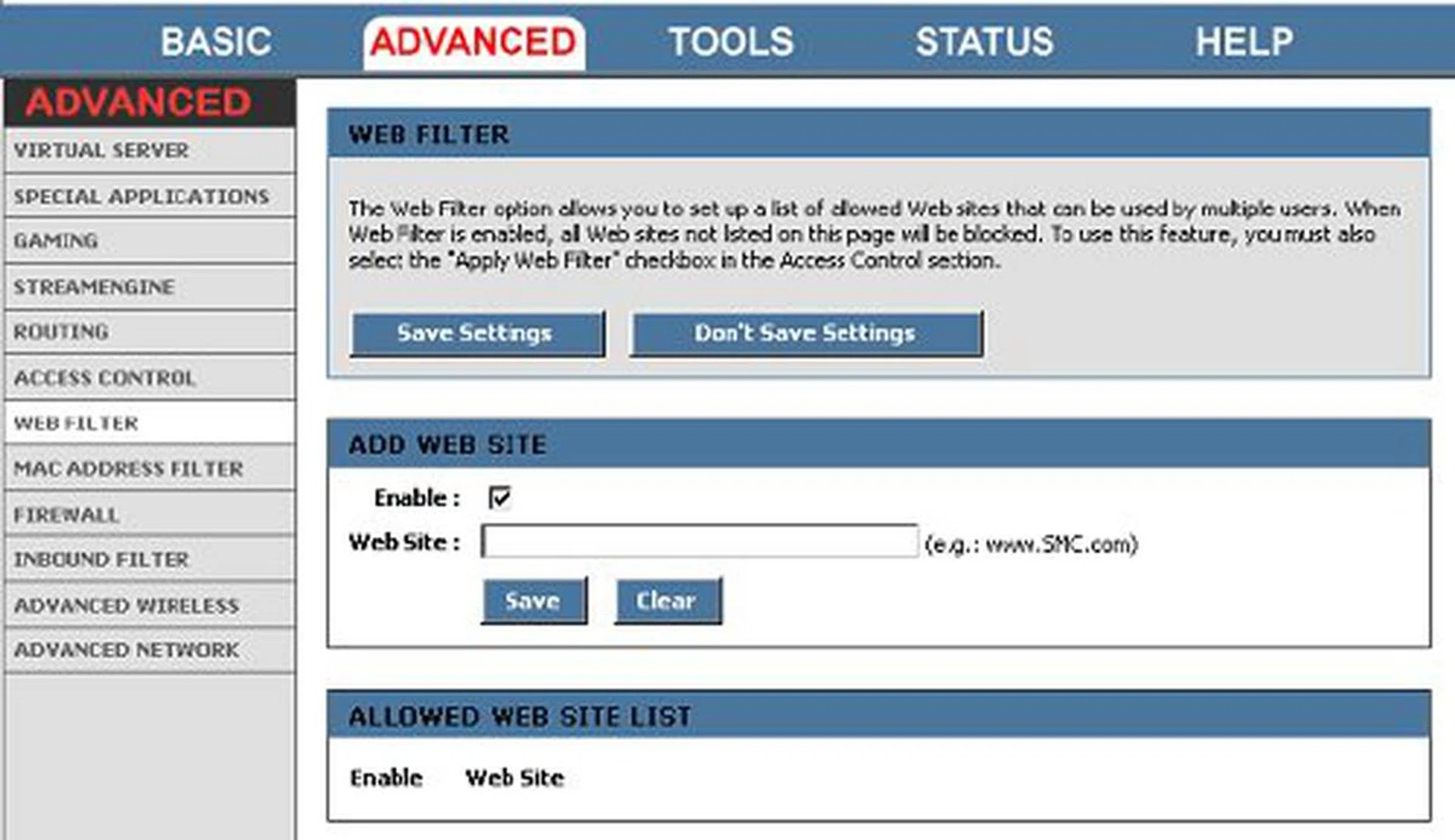 Instead of blocking specific sites, you can enable a blanket ban on all web access...except for those listed in the filter.