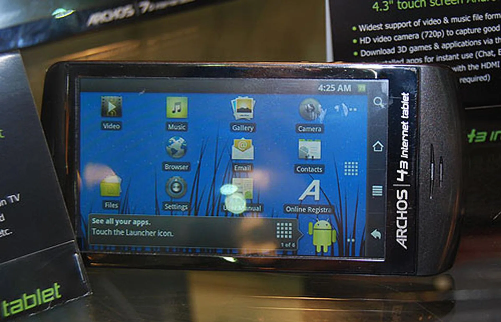 Another Android powered internet device from Archos is the Archos 43 internet tablet, which also has a resistive touchscreen (854 x 480) and with a 1GHz ARM processor. 