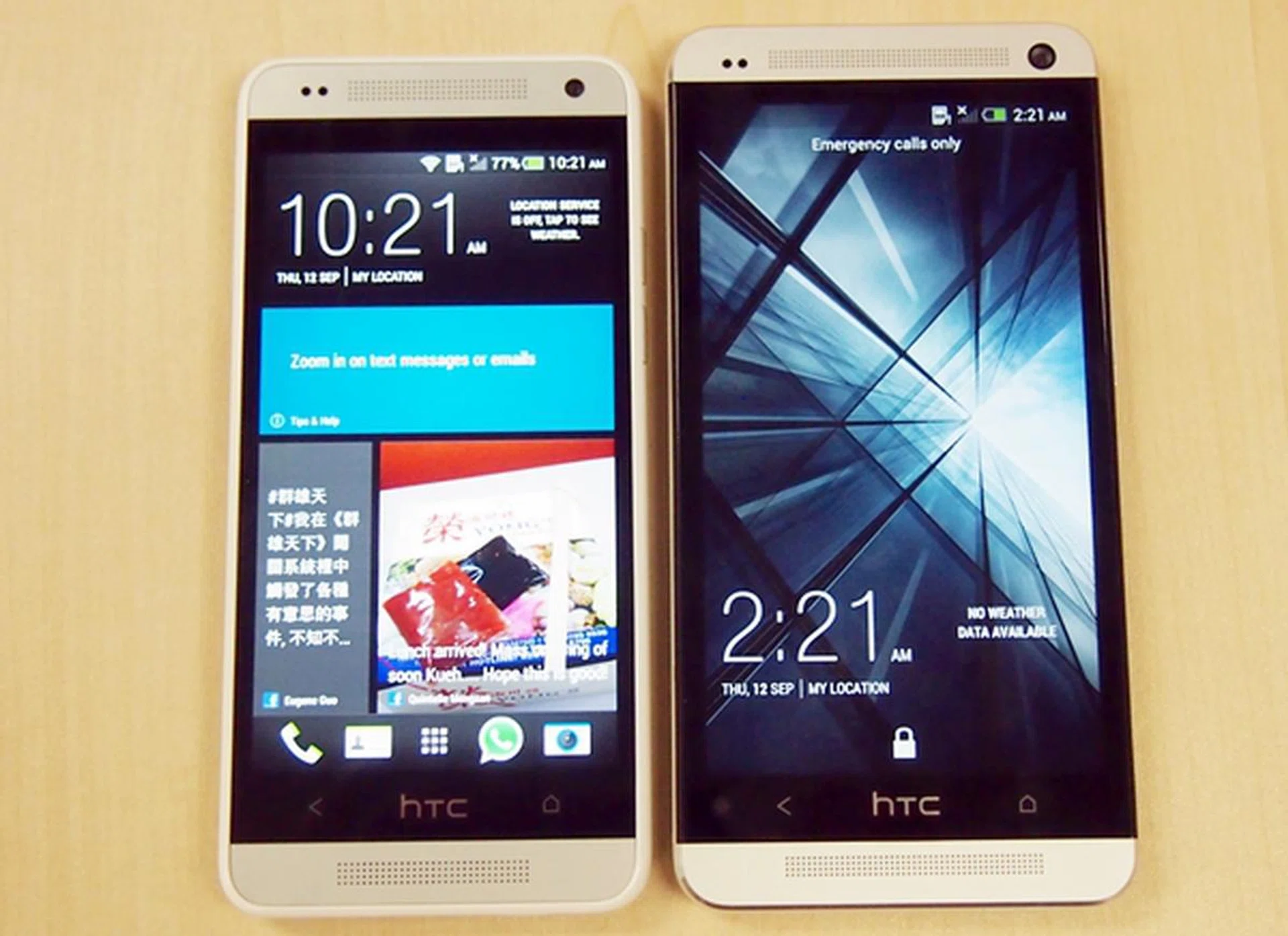 The 4.3-inch HTC One mini (left) and 4.7-inch HTC One (right).