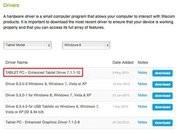 The new driver works on the Surface Pro and brings pressure sensitivity to apps like Photoshop. (Screenshot from Wacom website.)