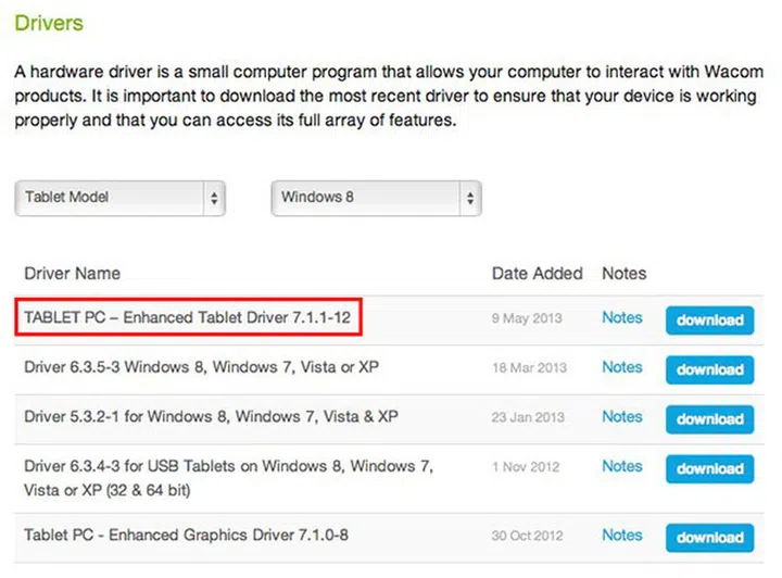 The new driver works on the Surface Pro and brings pressure sensitivity to apps like Photoshop. (Screenshot from Wacom website.)