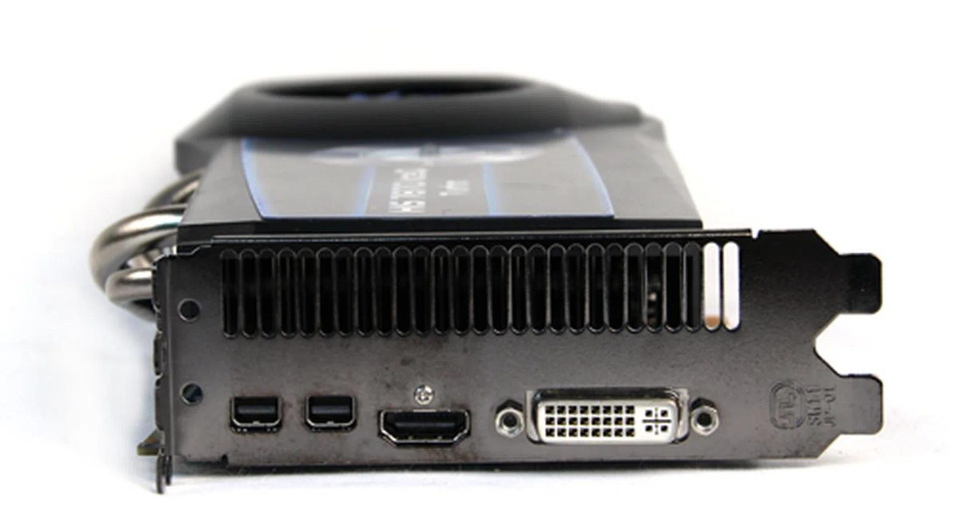 Once more, the port layout is the same as a reference card: one DVI-D port, two mini-DisplayPort ports and one HDMI port. It is powered by two 6-pin PCIe Molex connectors.