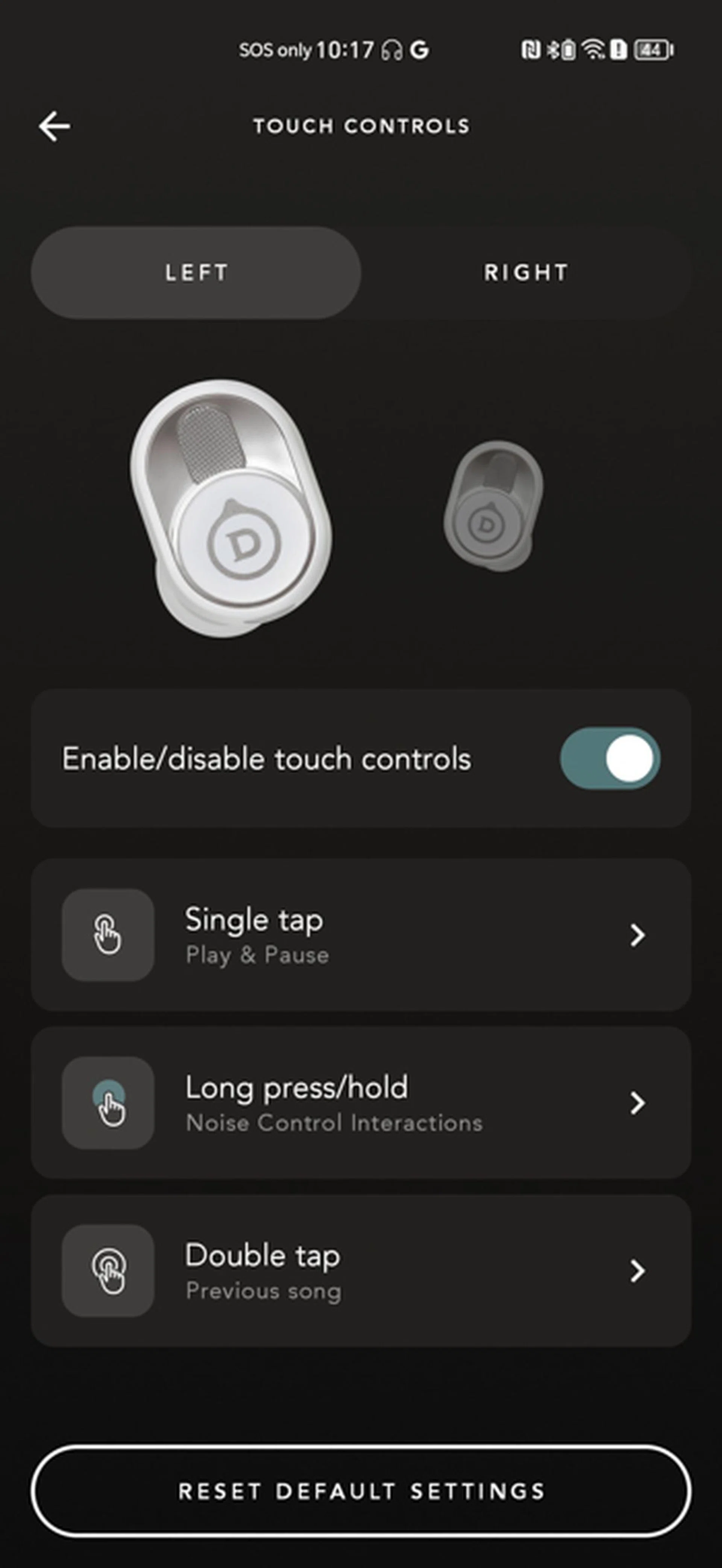 Touch control customisation in the Devialet Gemini app.