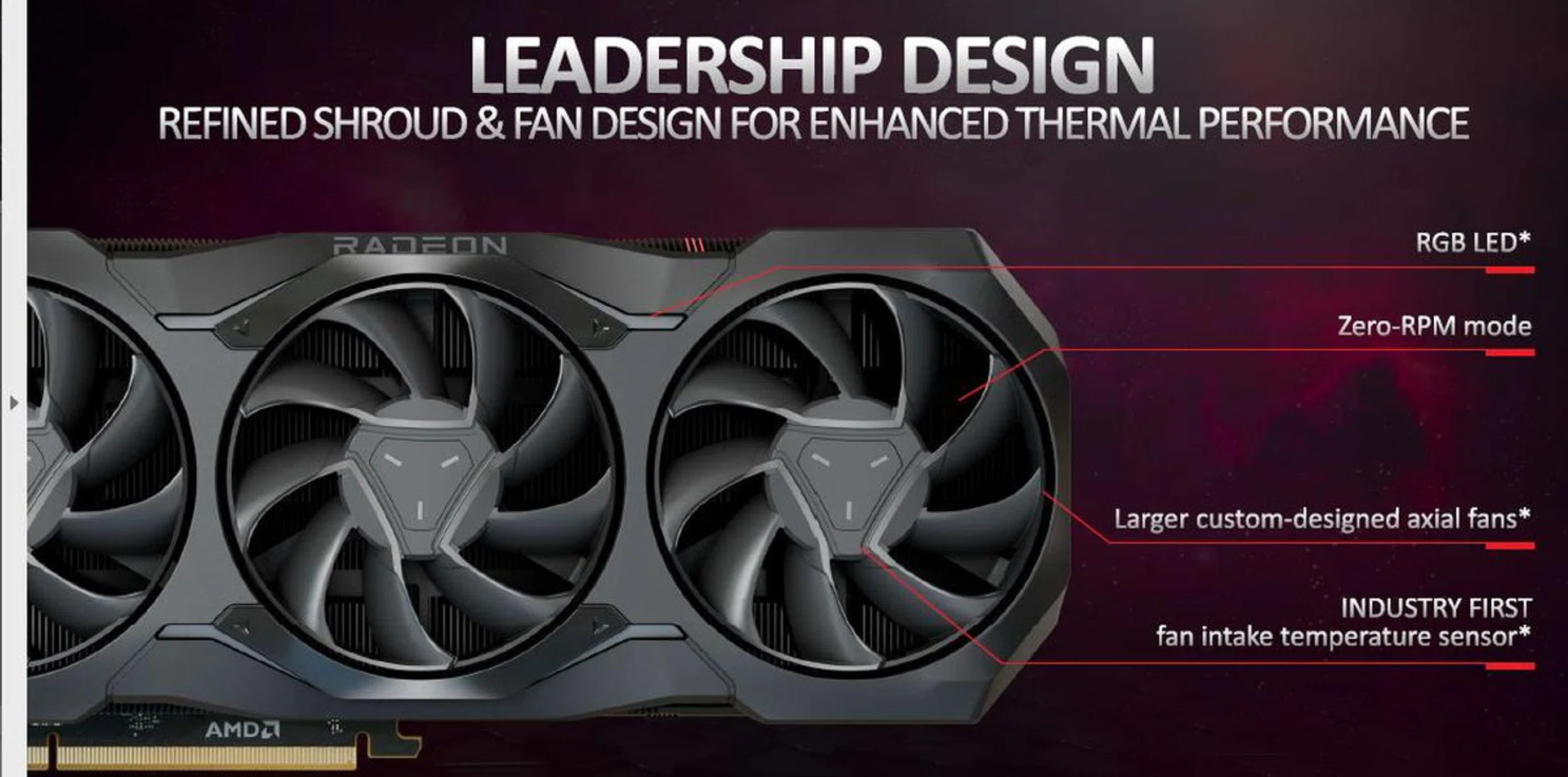 Note that the Radeon RX 7900 XTX uses triple 85mm fans while the RX 7900 XT takes it down a notch with triple 80mm fans. (Image source: AMD)