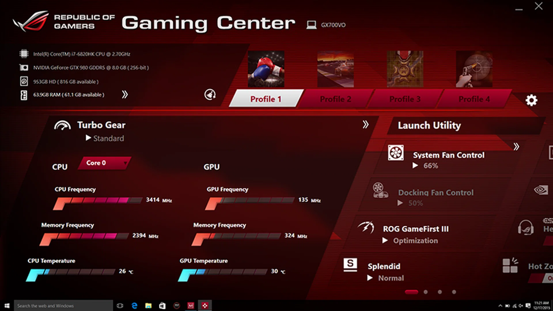 The ROG Gaming Center app lets users monitor their notebooks' status as well as gain access to its overclocking functions.