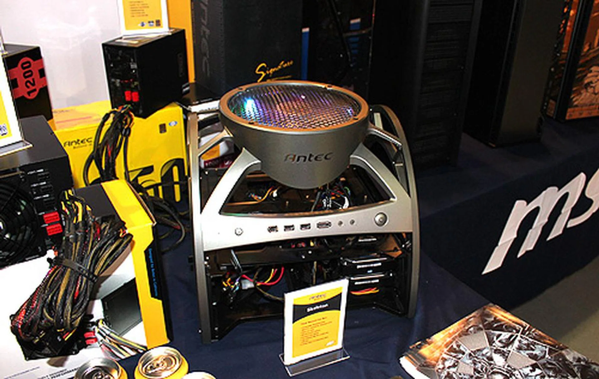 Sponsor Antec has the unique and funky Skeleton chassis on show. Also on display are a variety of other casings and PSUs.