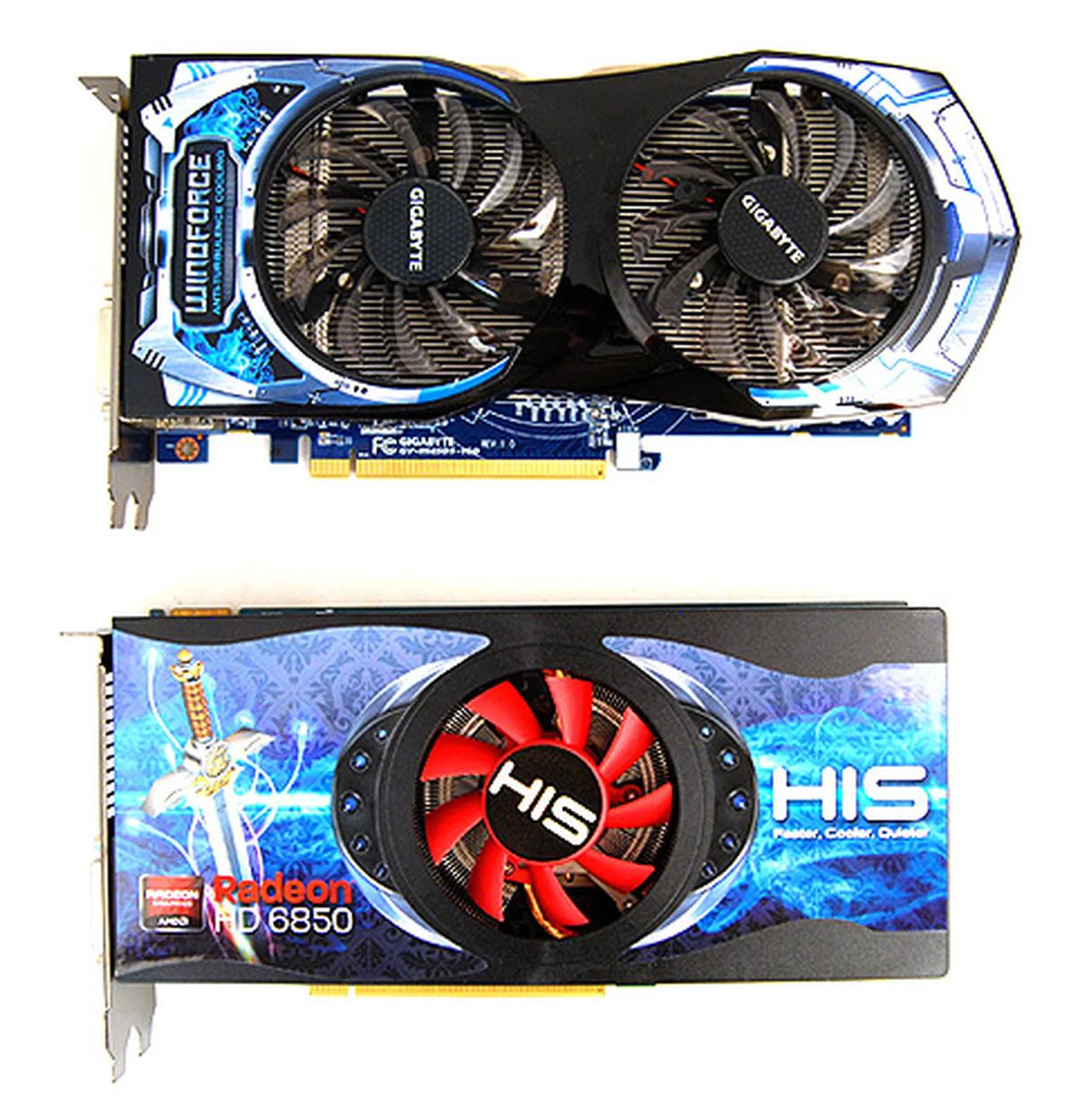 The Gigabyte HD 6850 sports the recognizable dual-fan Windforce 2x cooler.