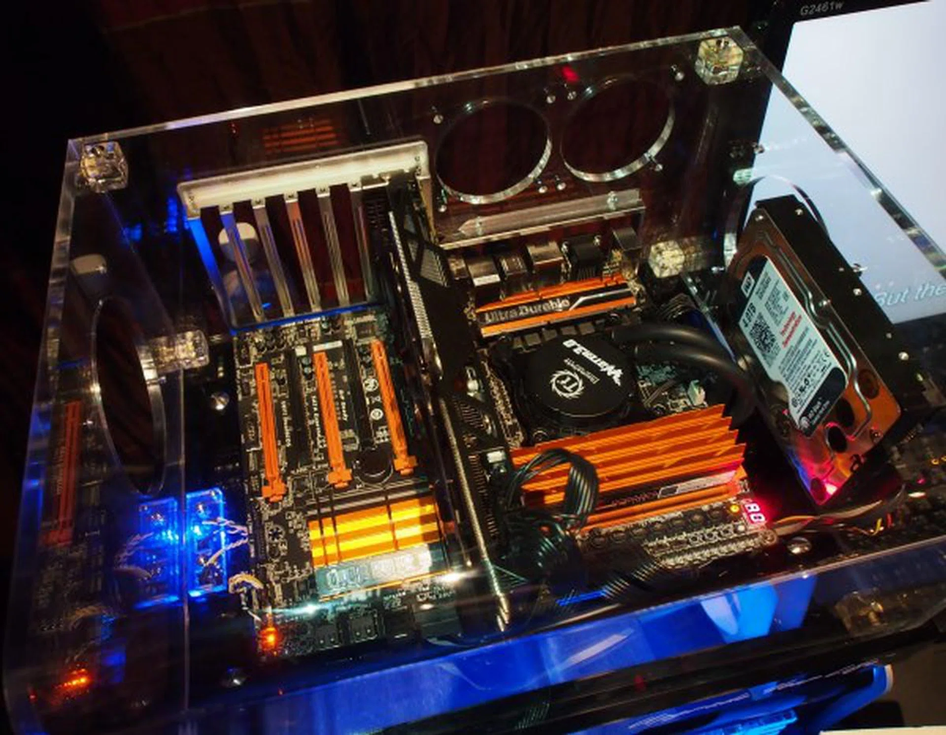 A demo GA-Z97X-SOC Force configured with all the latest hardware that the 9 Series chipset supports, including a WD 4TB SATA Express HDD