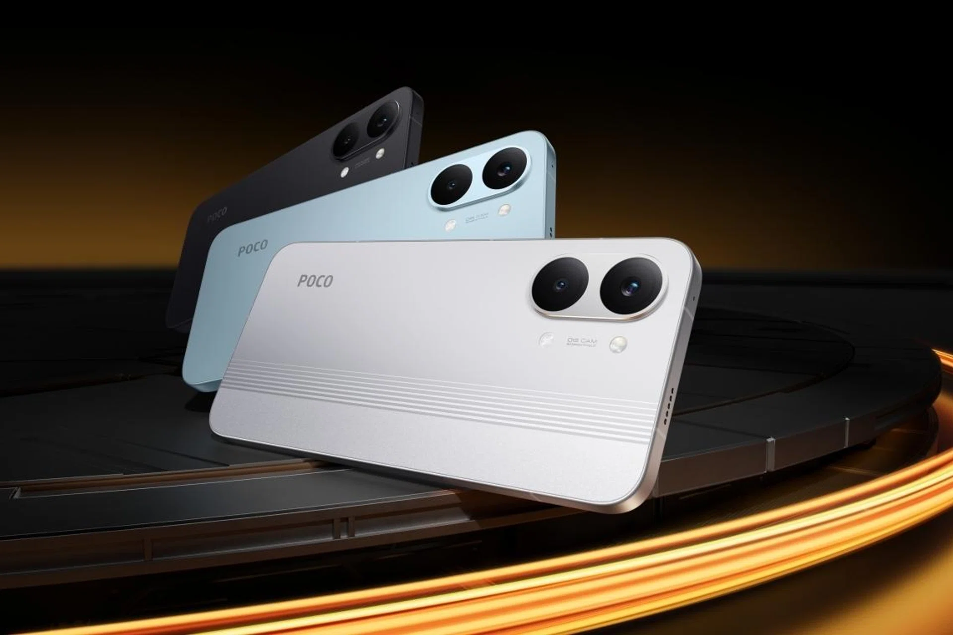 The Poco X8 Pro Max in black, blue and white.