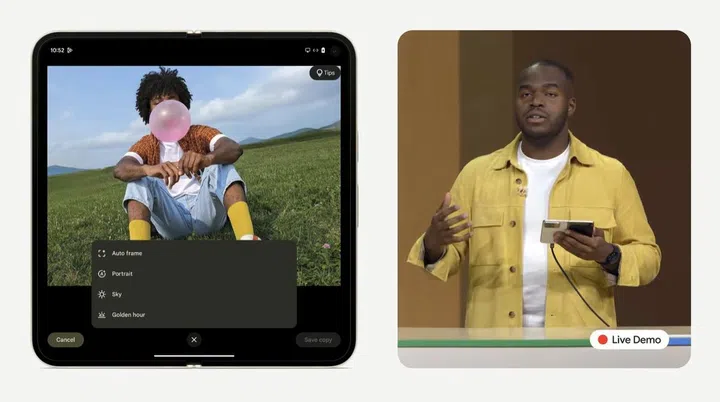 Google demonstrating how Auto Frame helps to fix an image during photo editing. Image: Google
