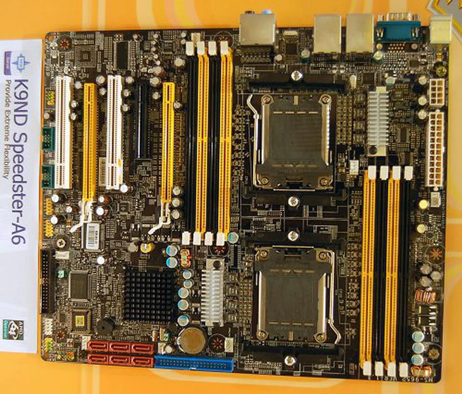  The K9ND Speedster-A6 is a powerful AMD Opteron motherboard built around the nForce Professional 3600 MCP (MCP55 Pro). Supports 16GB of DDR2 ECC registered memory of speeds up to DDR2-667. The board has dual Gigabit LAN ports, two PCIe x16 slots, one PCIe x8 slot and two PCI slots.  