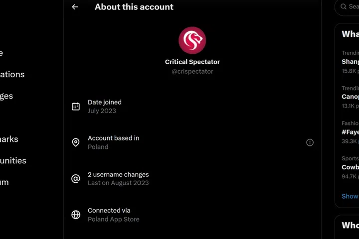 The X account of the Critical Spectator showing that it was based out of Poland.