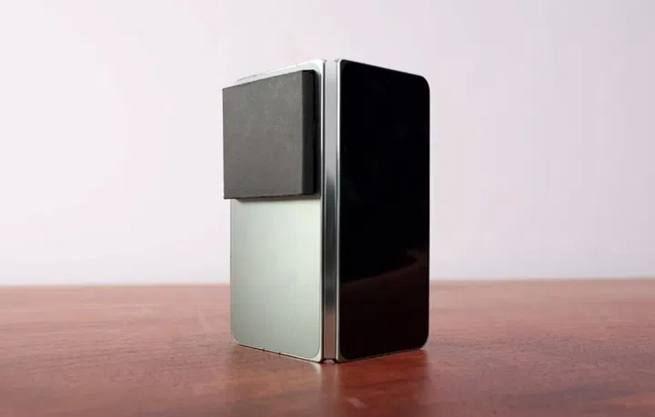 The camera bump on the rear is covered by paper. <br>Screenshot taken from Unbox Therapy's YouTube "New OnePlus Folding Phone Exclusive First Look".
