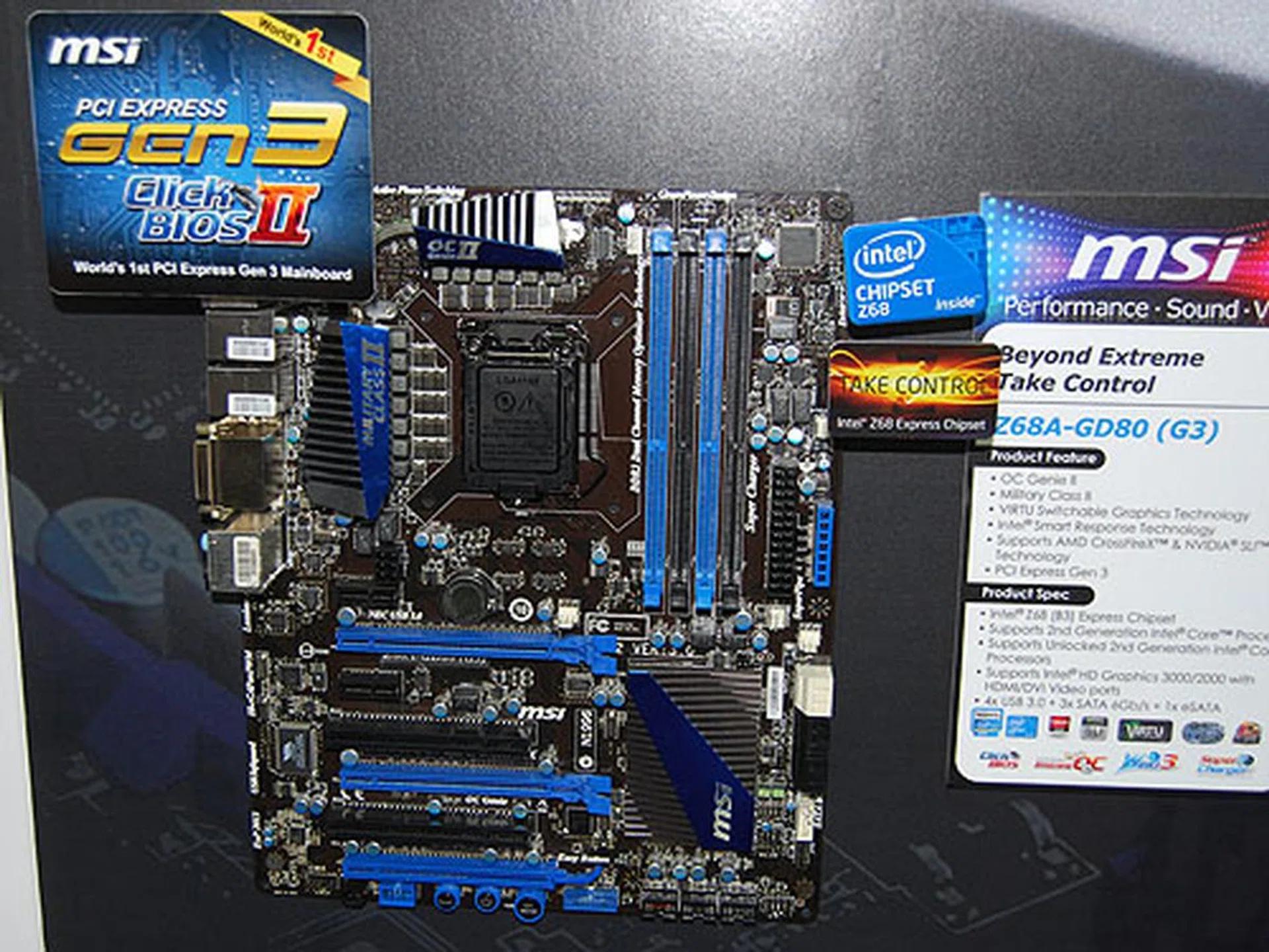 We almost missed this but the MSI Z68A-GD80 (G3) is probably the first motherboard to have PCIe 3.0 slots. Besides that, it looks like a typical MSI board, with Virtu and multi-GPU support. Of course, there are no graphics or expansion cards that can use the Gen 3 PCIe feature now.