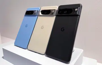 Google Pixel 8 Pro in Bay, Porcelain, and Obsidian (left to right).