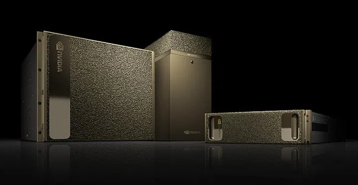 NVIDIA's family of supercomputers. From left to right - the DGX-2, DGX Station and the DGX-1.