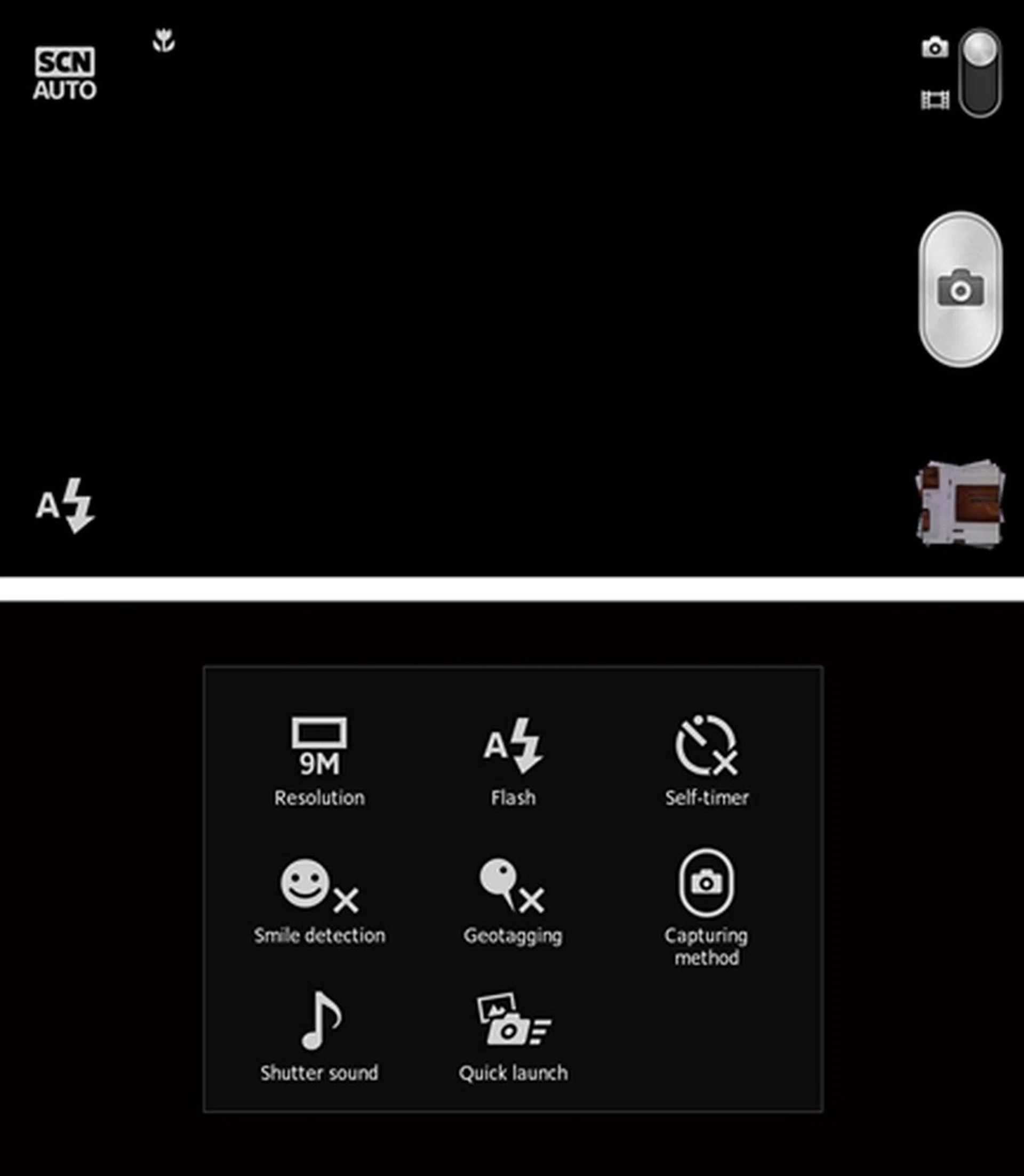 The camera user interface is simple to use, with icons depicting the different features available. Click on the icon on the upper left to switch between the different shooting modes - Normal, Scene Recognition, Front Camera, 3D Sweep Panorama - or bring up the settings menu by clicking on the menu touch control.