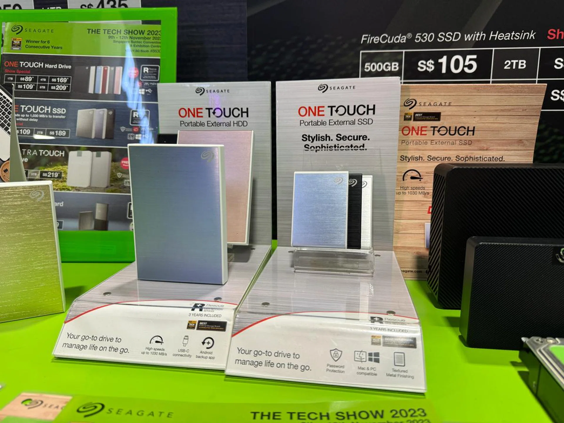 Seagate One Touch SSD portable external hard drive (right).
