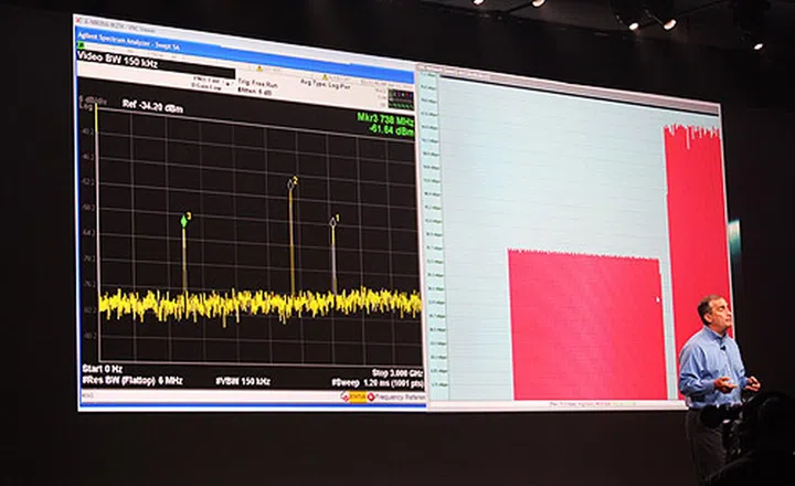 LTE-Advanced demonstration shows how data throughput was doubled through carrier aggregation.