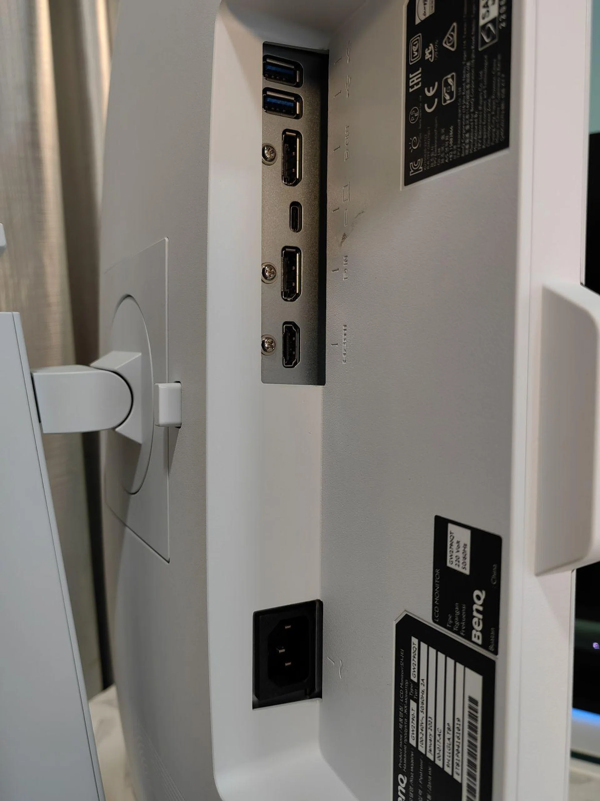 Lots of connectivity ports at the rear of the screen. Starting from the 'top' with respect to this image, you've two USB 3.2 ports, a DisplayPort (MST port), a Type-C upstream port with 65W power delivery capability, a standard DisplayPort and an HDMI port.