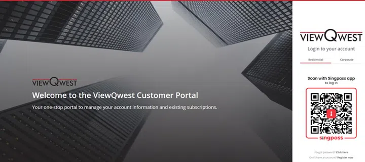 ViewQwest's customer login portal with Singpass implemented. Image credit: ViewQwest.