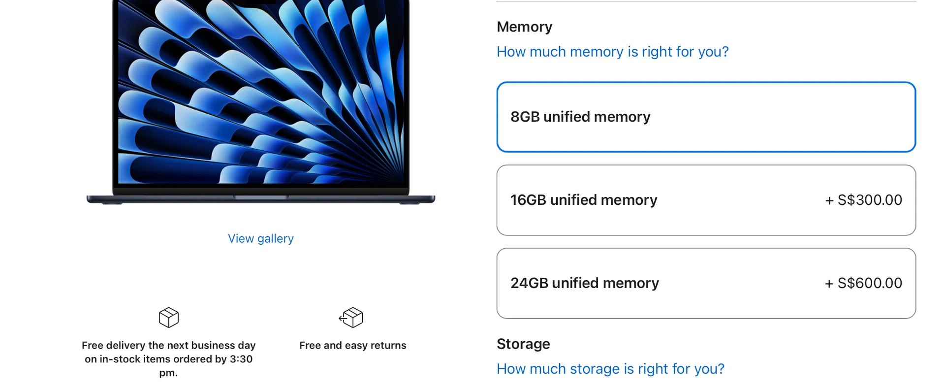 Between memory and storage, always get more memory first. You can always increase storage later with external drives.