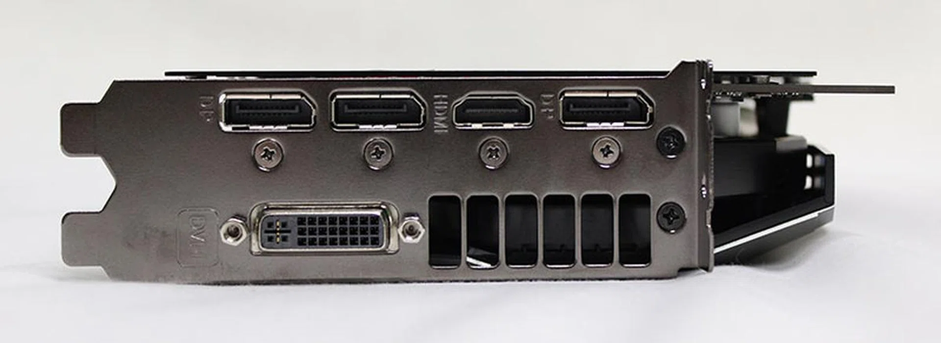 The rear of the card features the standard selection of display connectors, with one DVI-I port, three DisplayPort outputs, and one HDMI connector.