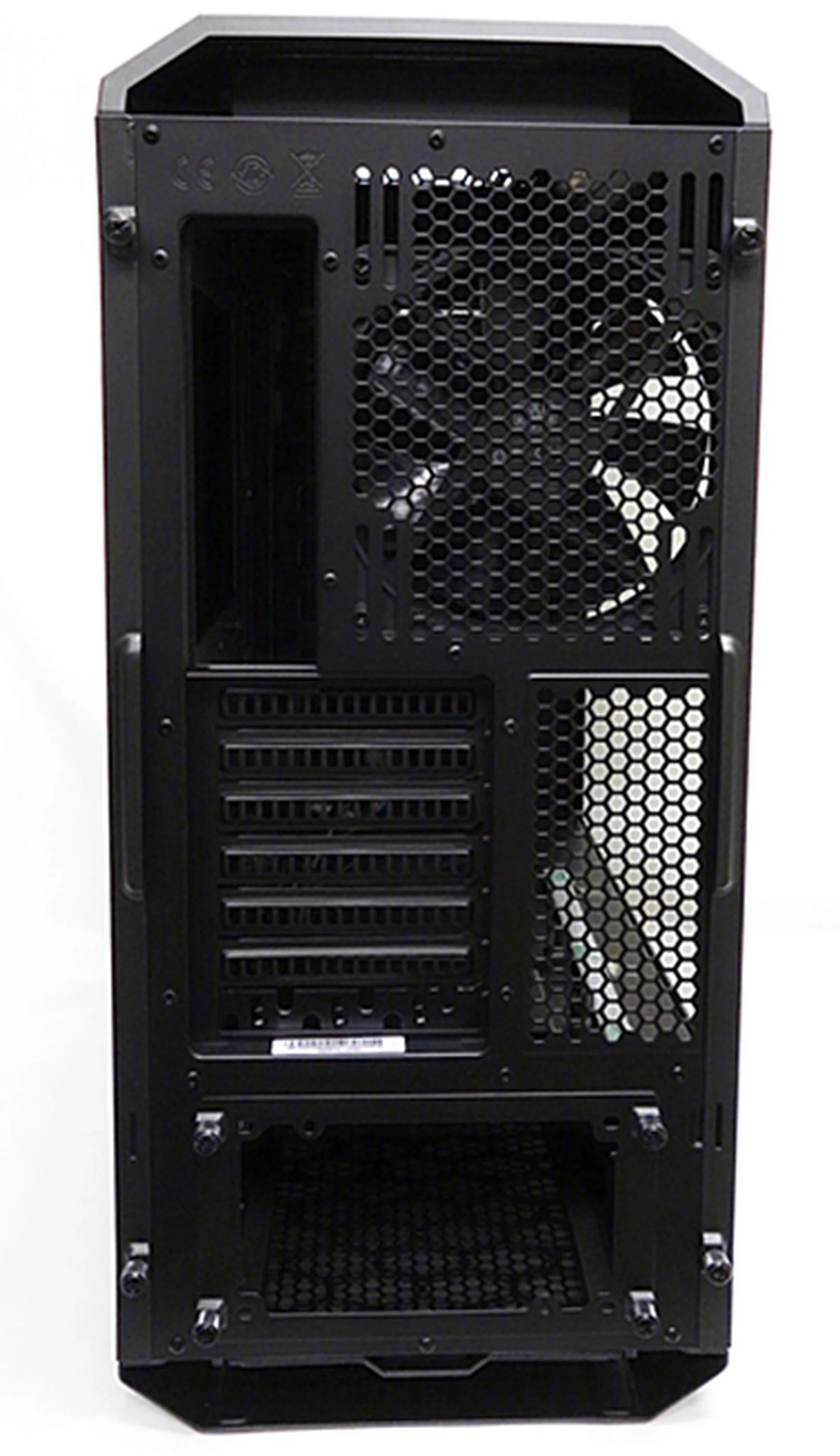 At the rear, we see the bundled 140mm outlet fan. At the top, there's the rear carrying handle too.