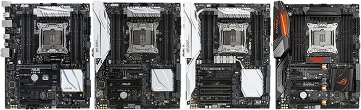 From left: ASUS X99-E, X99-A II, X99-Deluxe II, and ROG Strix X99 Gaming motherboards. (Image Source: Tom's Hardware)
