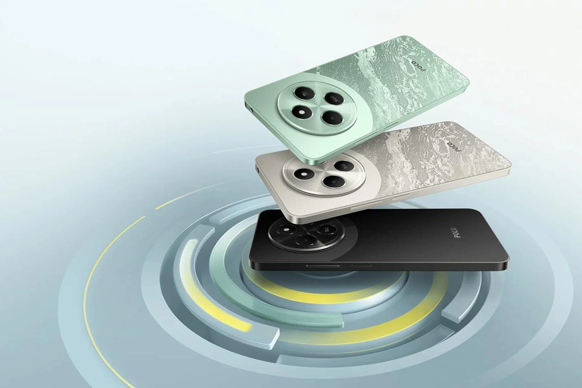 (Top to Bottom): Poco C75 in Green, Gold, and Black. Image: Poco.