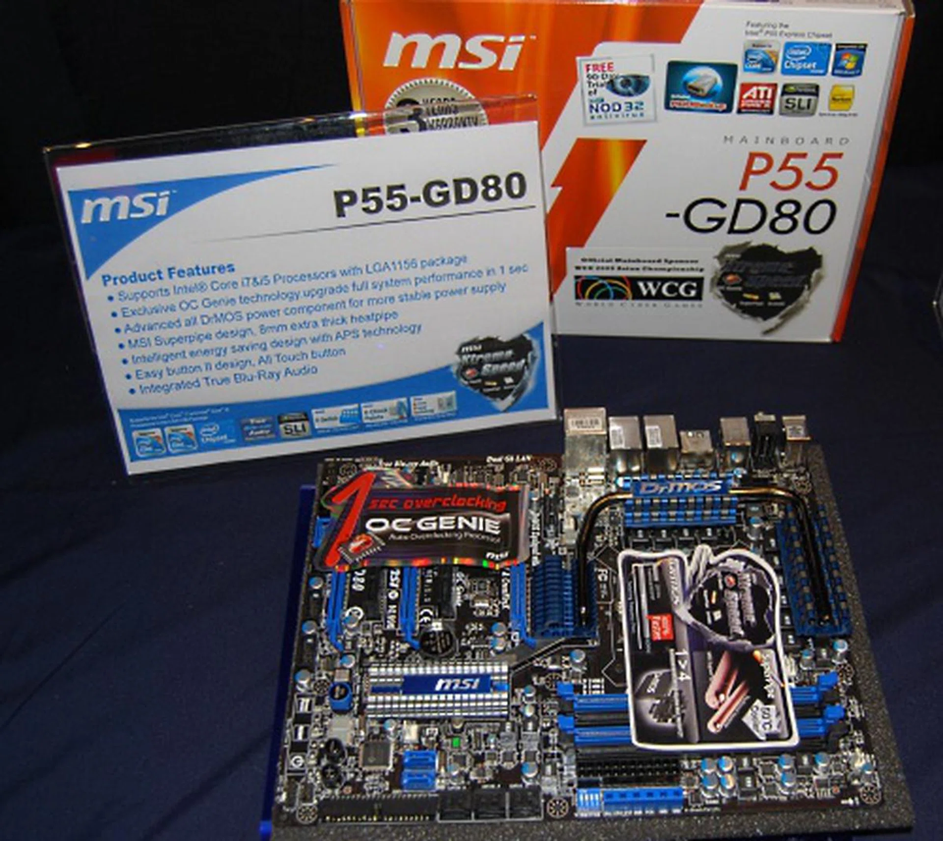 With three PCIe 2.0 x16 slots, ample cooling and a host of overclocking and enthusiast oriented features, the MSI P55-GD80 is its flagship P55 motherboard.